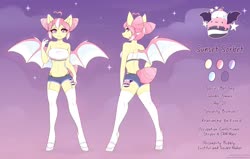 Size: 4096x2610 | Tagged: safe, artist:fensu-san, oc, oc only, oc:sunset sorbet, bat pony, anthro, ass, breasts, butt, clothes, female, hot pants, panties, reference sheet, shorts, socks, solo, thong, tube top, underwear