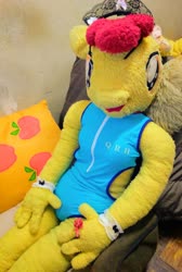 Size: 2690x4000 | Tagged: safe, artist:pixie panda plush, artist:redness, apple bloom, anthro, g4, anthro plushie, chair, clothes, irl, maid headdress, one-piece swimsuit, photo, pillow, plushie, ring, swimsuit