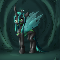 Size: 2500x2500 | Tagged: safe, artist:shido-tara, queen chrysalis, changeling, changeling queen, g4, crown, female, green eyes, high res, hive, jewelry, looking at you, open mouth, regalia, solo, tongue out