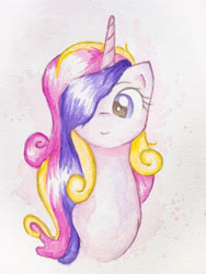 Size: 3024x4032 | Tagged: safe, artist:papersurgery, princess cadance, alicorn, pony, g4, bust, female, looking at you, mare, smiling, solo, traditional art, watercolor painting