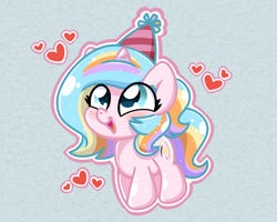 Size: 2560x2048 | Tagged: safe, artist:sugar morning, oc, oc only, oc:oofy colorful, pony, unicorn, birthday, chibi, cute, happy, happy birthday, hat, heart, high res, ocbetes, party hat, simple background, standing