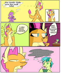 Size: 2499x3003 | Tagged: safe, artist:skunkstripe, sandbar, smolder, spike, dragon, earth pony, pony, g4, comic, dialogue, dumb yung-six comics, high res, mind reading, sandbar is a goddamn moron, starry eyes, static, thought bubble, tongue out, wingding eyes, word bubble