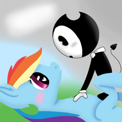 Size: 1000x1000 | Tagged: artist needed, safe, rainbow dash, demon, pegasus, pony, g4, bendy, bendy and the ink machine, bendydash, blushing, crossover, crossover shipping, grayscale, heart eyes, o.o, shipping, wat, wingding eyes