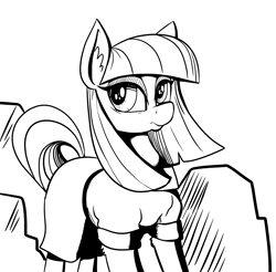 Size: 3600x3543 | Tagged: safe, artist:paskanaakka, derpibooru exclusive, maud pie, earth pony, pony, g4, black and white, ear fluff, female, grayscale, high res, lineart, mare, monochrome, simple background, solo