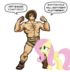 Size: 798x816 | Tagged: safe, edit, fluttershy, human, pegasus, pony, g4, boots, chest hair, clothes, facial hair, female, hat, human male, male, moustache, refusal, saxton hale, shoes, shorts, simple background, team fortress 2, text bubbles
