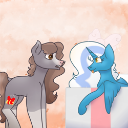 Size: 1499x1499 | Tagged: safe, artist:a-generic-artist-lol, oc, oc only, oc:autumn fall, oc:fleurbelle, alicorn, pony, :p, alicorn oc, bow, box, duo, female, hair bow, horn, mare, present, surprised, tongue out, wings, yellow eyes