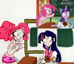 Size: 2453x2139 | Tagged: safe, artist:citi, screencap, pinkie pie, twilight sparkle, alicorn, earth pony, human, pony, cakes for the memories, g4, spoiler:cakes for the memories, spoiler:mlp friendship is forever, bipedal, cupcake, food, high res, humanized, rainbow cupcake, scene interpretation, screencap reference, traditional art, twilight sparkle (alicorn)
