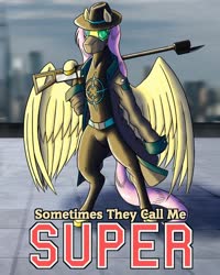Size: 1024x1280 | Tagged: safe, artist:korencz11, fluttershy, pegasus, pony, fanfic:sometimes they call me super, g4, clothes, coat, fanfic, fanfic art, fanfic cover, female, gun, hat, mask, rifle, solo, super suit, superhero, weapon