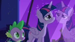 Size: 1920x1080 | Tagged: safe, screencap, spike, twilight sparkle, alicorn, dragon, pony, amending fences, g4, season 5, confident, folded wings, looking up, reflection, smiling, twilight sparkle (alicorn), twilight's canterlot home, window, wings