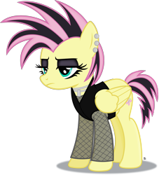 Size: 2487x2744 | Tagged: safe, artist:anime-equestria, fluttershy, pegasus, pony, g4, alternate hairstyle, clothes, ear piercing, eyeshadow, fishnet stockings, fluttergoth, frown, goth, high res, jewelry, long sleeves, makeup, necklace, piercing, simple background, solo, transparent background, vector, vest, wings