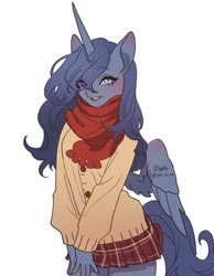Size: 1146x1478 | Tagged: safe, artist:rd_3024, princess luna, alicorn, anthro, g4, clothes, cute, female, lunabetes, mare, scarf, simple background, skirt, solo, sweater, white background