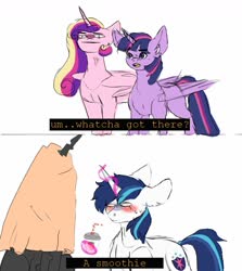 Size: 1035x1162 | Tagged: safe, artist:ametff3, princess cadance, queen chrysalis, shining armor, twilight sparkle, alicorn, changeling, changeling queen, pony, unicorn, g4, blanket, blushing, cadance is not amused, comic, dialogue, ear fluff, female, glowing horn, horn, icarly, magic, magic aura, meme, ponified meme, smoothie, sweat, twilight sparkle (alicorn), unamused, vein, vein bulge, whatcha got there?