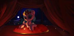 Size: 2322x1149 | Tagged: safe, artist:vultraz, somnambula, pegasus, pony, g4, bedroom eyes, curtains, female, full moon, looking at you, moon, night, pillow, sitting, solo
