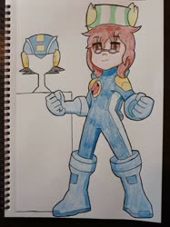 Size: 1280x1707 | Tagged: safe, artist:stuanimeart, oc, oc only, oc:ferb fletcher, human, clothes, cosplay, costume, glasses, hat, helmet, humanized, megaman battle network, megaman.exe, pony ears, solo, traditional art, video game