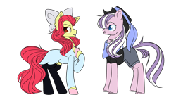 Size: 4872x2833 | Tagged: safe, alternate version, artist:bublebee123, artist:icicle-niceicle-1517, color edit, edit, apple bloom, diamond tiara, earth pony, pony, g4, alternate hairstyle, alternate universe, apple bloom's bow, bandana, black socks, bow, clothes, collaboration, colored, dress, female, grin, hair bow, hat, hoof polish, jewelry, lesbian, mare, necklace, older, older apple bloom, older diamond tiara, pearl necklace, raised hoof, role reversal, ship:diamondbloom, shipping, shirt, shorts, simple background, smiling, smug, socks, stockings, t-shirt, thigh highs, transparent background