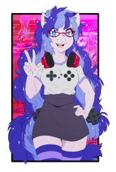 Size: 965x1427 | Tagged: safe, artist:lovelesskia, oc, oc only, oc:cinnabyte, earth pony, anthro, anthro oc, clothes, female, gaming headset, glasses, headset, mare, peace sign, pigtails, skirt, socks, solo, striped socks, thick, thigh highs