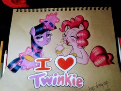 Size: 1280x960 | Tagged: safe, artist:tiger-of-my-eye, pinkie pie, twilight sparkle, alicorn, earth pony, pony, g4, cute, female, food, lesbian, ship:twinkie, shipping, traditional art, twilight sparkle (alicorn), twinkies