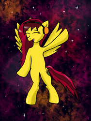 Size: 1050x1400 | Tagged: safe, artist:monebolton, oc, oc only, oc:twizzle peas, pegasus, pony, commission, commissions open, dancing, flying, galaxy, guardians of the galaxy, music, solo, space