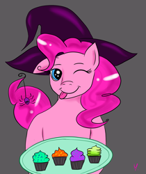 Size: 2000x2377 | Tagged: safe, artist:monebolton, pinkie pie, earth pony, pony, spider, g4, commissions open, cupcake, cute, female, food, halloween, hat, high res, holiday, solo, witch