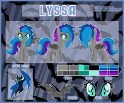 Size: 1920x1600 | Tagged: safe, artist:angelina-pax, oc, oc only, oc:lyssa, bat pony, pony, abstract background, bat pony oc, bat wings, ear fluff, fangs, female, mare, reference sheet, solo, wings