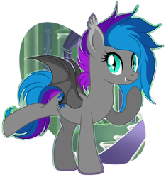 Size: 1500x1600 | Tagged: safe, artist:angelina-pax, oc, oc only, oc:lyssa, bat pony, pony, abstract background, bat pony oc, bat wings, ear fluff, fangs, raised hoof, raised leg, simple background, smiling, solo, transparent background, wings