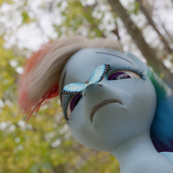 Size: 1920x1920 | Tagged: safe, artist:fury nether, rainbow dash, butterfly, pegasus, pony, g4, 3d, blender, blender cycles, butterfly on nose, eyebrows, eyelashes, female, fur, insect on nose, lepidopterophobia, phobia, scared, solo, spoopy
