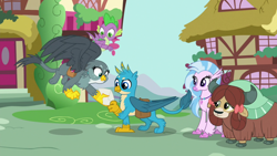 Size: 1920x1080 | Tagged: safe, screencap, gabby, gallus, silverstream, spike, yona, classical hippogriff, dragon, griffon, hippogriff, yak, dragon dropped, g4, bag, cute, diastreamies, gabbybetes, gallabetes, mail, saddle bag, winged spike, wings, yonadorable