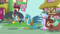 Size: 1920x1080 | Tagged: safe, screencap, gabby, gallus, silverstream, spike, yona, classical hippogriff, dragon, griffon, hippogriff, yak, dragon dropped, g4, bag, camera, cute, diastreamies, gabbybetes, gallabetes, saddle bag, winged spike, wings, yonadorable