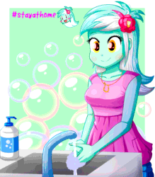 Size: 1120x1280 | Tagged: safe, artist:the-butch-x, lyra heartstrings, equestria girls, g4, animated, background human, bubble, coronavirus, covid-19, cute, cutie mark necklace, female, gif, hand, hand washing, headband, jewelry, lyrabetes, necklace, soap, solo, washing