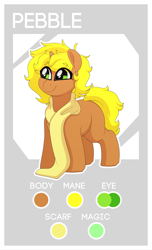 Size: 3534x5800 | Tagged: safe, artist:quarantinedchaoz, derpibooru exclusive, oc, oc only, oc:rock pebble, pony, unicorn, abstract background, clothes, colt, cute, foal, male, reference sheet, scarf, smiling, solo, tail