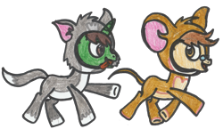 Size: 1861x1078 | Tagged: safe, artist:drquack64, oc, oc only, oc:ferb fletcher, oc:frost d. tart, pegasus, pony, unicorn, animal costume, cat costume, chase, clothes, cosplay, costume, jerry mouse, male, mouse costume, stallion, suit, tom and jerry, tom cat, tongue out, traditional art