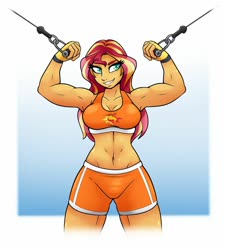 Size: 1024x1138 | Tagged: safe, artist:ambris, sunset shimmer, equestria girls, abs, abstract background, adorasexy, armpits, athletic, beautiful, beautisexy, belly button, biceps, breasts, busty sunset shimmer, cleavage, clothes, commission, confident, cute, cutie mark, cutie mark on clothes, female, fingerless gloves, gloves, gradient background, gym shorts, midriff, multicolored hair, muscles, muscular female, raised eyebrow, sexy, shorts, solo, sports bra, sunset lifter, teeth, thighs, underass, workout, workout outfit, yellow skin