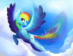 Size: 1024x786 | Tagged: safe, artist:eateroflife, rainbow dash, pegasus, pony, g4, cloud, female, flying, mare, rainbow trail, sky, solo, spread wings, wings