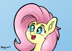 Size: 1997x1412 | Tagged: safe, artist:yelowcrom, fluttershy, pony, g4, blue background, bust, cheek fluff, cute, ear fluff, female, mare, open mouth, portrait, shyabetes, simple background, solo