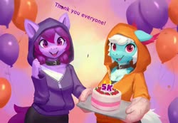 Size: 1038x720 | Tagged: safe, artist:elodoart, oc, oc only, oc:angela de medici, oc:share dast, anthro, anthro oc, balloon, breasts, cake, candle, cleavage, clothes, collar, duo, female, food, hoodie, looking at you, mare, oven mitts, smiling, text
