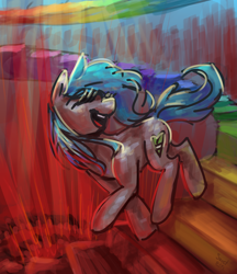 Size: 1800x2088 | Tagged: safe, artist:elisdoominika, oc, oc only, earth pony, pony, blue mane, grey body, hell, laughing, open mouth, rainbow, red light, running, smiling, solo, stairs, teeth