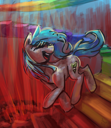 Size: 1800x2088 | Tagged: safe, artist:elisdoominika, oc, oc only, earth pony, pony, blue mane, grey body, hell, laughing, open mouth, rainbow, red light, running, smiling, solo, stairs, teeth, trippy