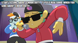 Size: 896x500 | Tagged: safe, edit, edited screencap, screencap, snails, snips, equestria girls, g4, my little pony equestria girls: rainbow rocks, booggie in your butt, butts, cap, caption, clock, dj snazzy snails, eddie murphy, hat, mc snips, meme, microphone, rap, rapping, song reference, sunglasses, text