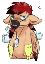 Size: 1799x2557 | Tagged: safe, artist:tokokami, oc, oc:alex bash, coronavirus, covid-19, disinfectant spray, gloves, mouth mask, n95, patreon, patreon reward, ppe, rubber gloves, simple background, sweat, toilet paper, transparent background