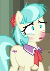 Size: 509x728 | Tagged: safe, screencap, coco pommel, earth pony, pony, g4, the saddle row review, blushing, cocobetes, cropped, crying, cute, messy mane, red nosed, sick, tears of pain
