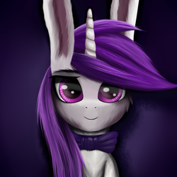 Size: 1600x1600 | Tagged: safe, artist:palibrik, oc, oc only, oc:lapush buns, bunnycorn, pony, unicorn, abstract background, bowtie, bust, horn, looking at you, portrait, smiling, solo
