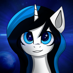Size: 3000x3000 | Tagged: safe, artist:palibrik, oc, oc only, oc:spacelight, pony, unicorn, abstract background, bust, female, grin, high res, horn, looking at you, mare, portrait, smiling, solo