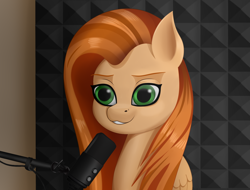 Size: 1680x1280 | Tagged: safe, artist:palibrik, oc, oc only, oc:almazstudio, pegasus, pony, bust, female, grin, mare, microphone, recording studio, smiling, solo, wings