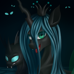Size: 3800x3800 | Tagged: safe, artist:palibrik, queen chrysalis, changeling, changeling queen, g4, bust, changelings in the comments, crown, duo, fangs, female, high res, horn, jewelry, mare, open mouth, regalia