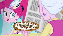 Size: 1920x1080 | Tagged: safe, screencap, pinkie pie, sour persimmon, equestria girls, five stars, g4, my little pony equestria girls: better together, cute, diapinkes, ear piercing, earring, female, food, happy, jewelry, newspaper, pie, piercing, server pinkie pie, smiling, sweet snacks cafe, tongue out, waitress