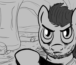 Size: 700x600 | Tagged: safe, artist:sirvalter, oc, oc only, oc:paddock wild, earth pony, pony, fanfic:steyblridge chronicle, badlands, black and white, cave, clothes, crying, fanfic, fanfic art, grayscale, hooves, illustration, looking at you, male, monochrome, scientist, solo, stallion, zoologist