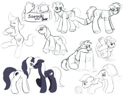 Size: 1300x1000 | Tagged: safe, artist:redquoz, blossomforth, oc, bird, bird pone, earth pony, pegasus, pony, unicorn, g4, apron, bird tail, black and white, clothes, contortionist, crouching, dancing, doctor, drawpile, earth pony oc, female, flexible, from below, grayscale, hoofbump, hooves, horn, male, mare, medical pony, monochrome, nuzzling, party popper, peeking, simple background, sketch, sketch dump, sleeping, snuggles?, stallion, unicorn oc, white background, yarn, yarn ball, yin-yang