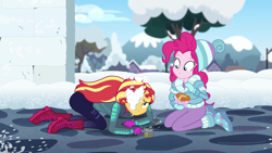 Size: 1920x1080 | Tagged: safe, screencap, pinkie pie, sunset shimmer, equestria girls, equestria girls series, g4, holidays unwrapped, saving pinkie's pie, spoiler:eqg series (season 2), ass, boots, bunset shimmer, butt, clothes, duo, duo female, female, gloves, hat, key, keychain, ramekin, shoes, snow, snow fort, snowball, snowball fight, souffle, winter hat, winter outfit