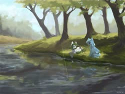 Size: 8000x6000 | Tagged: dead source, safe, artist:aoiyui, oc, oc only, oc:bluebreeze, oc:zephyr, pegasus, pony, absurd resolution, duo, fishing, fishing rod, looking at each other, river, scenery, tree
