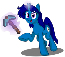 Size: 1941x1698 | Tagged: safe, artist:wolfjedisamuel, oc, oc only, oc:peteian, pony, unicorn, commission, cutie mark, digital art, female, glowing horn, horn, magic, mare, minecraft, pickaxe, simple background, solo, transparent background